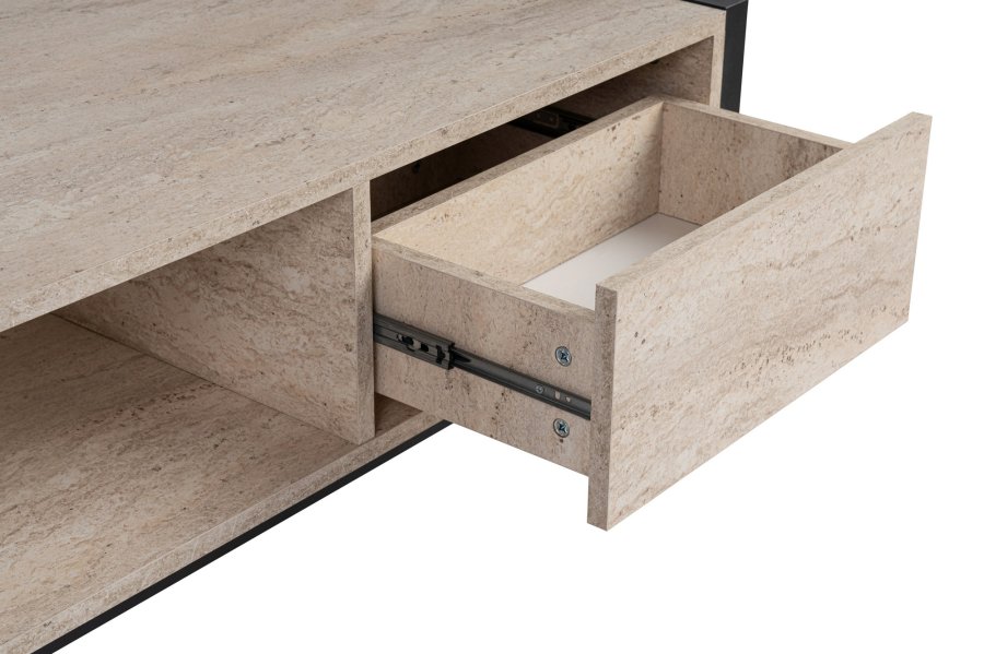 NORDVÄRK Haldizen sofabord, m. 1 hylde og 1 skuffe - travertin melamin og sort metal (105x55)