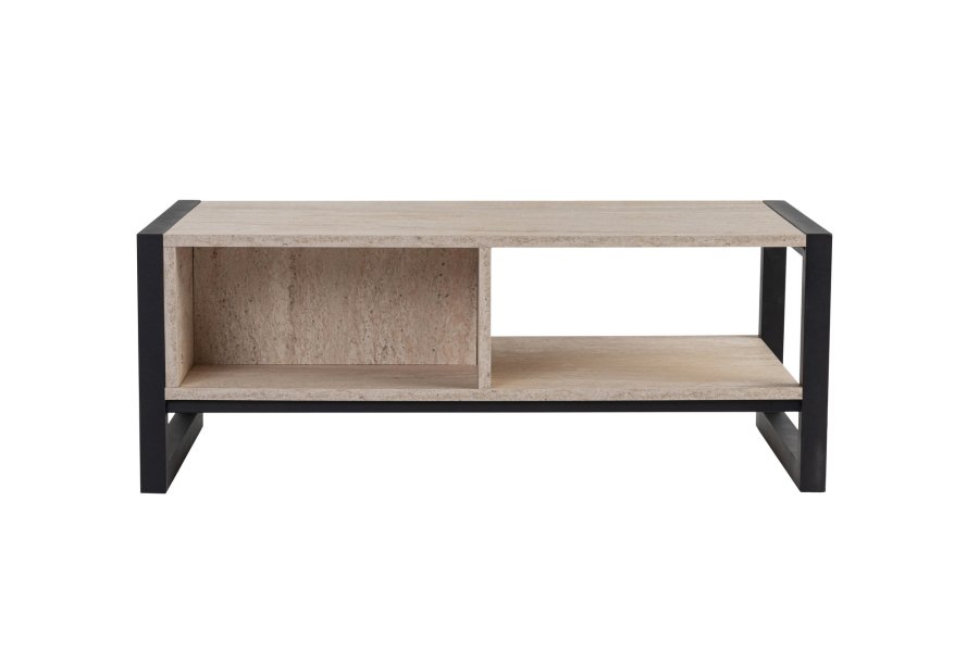 NORDVÄRK Haldizen sofabord, m. 1 hylde og 1 skuffe - travertin melamin og sort metal (105x55)