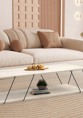 NORDVÄRK Labranda sofabord, m. bundhylde - travertin melamin og sort metal (120x50)