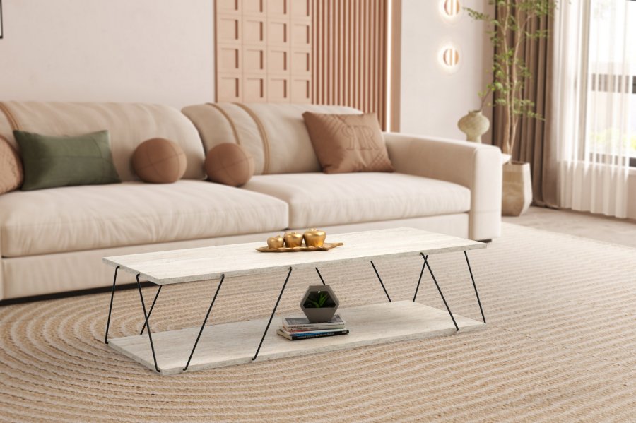 NORDVÄRK Labranda sofabord, m. bundhylde - travertin melamin og sort metal (120x50)