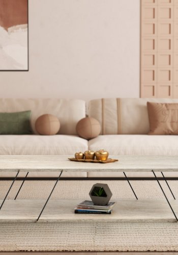 NORDVÄRK Labranda sofabord, m. bundhylde - travertin melamin og sort metal (120x50)