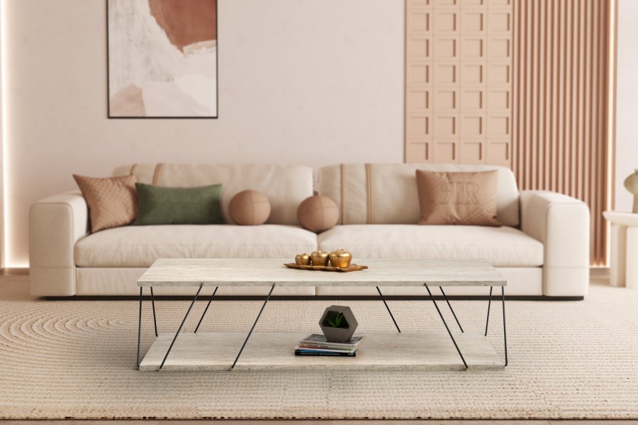 NORDVÄRK Labranda sofabord, m. bundhylde - travertin melamin og sort metal (120x50)