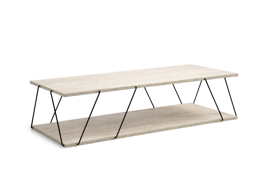 NORDVÄRK Labranda sofabord, m. bundhylde - travertin melamin og sort metal (120x50)