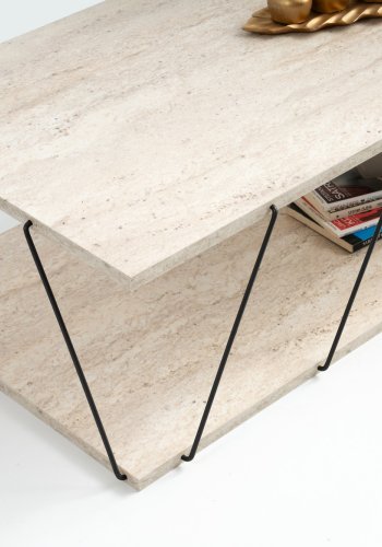 NORDVÄRK Labranda sofabord, m. bundhylde - travertin melamin og sort metal (120x50)