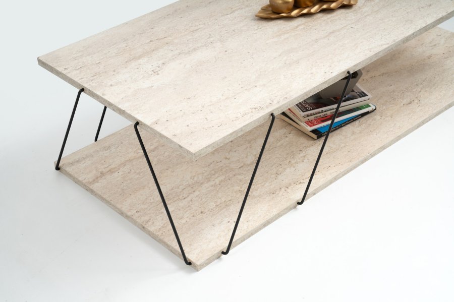 NORDVÄRK Labranda sofabord, m. bundhylde - travertin melamin og sort metal (120x50)