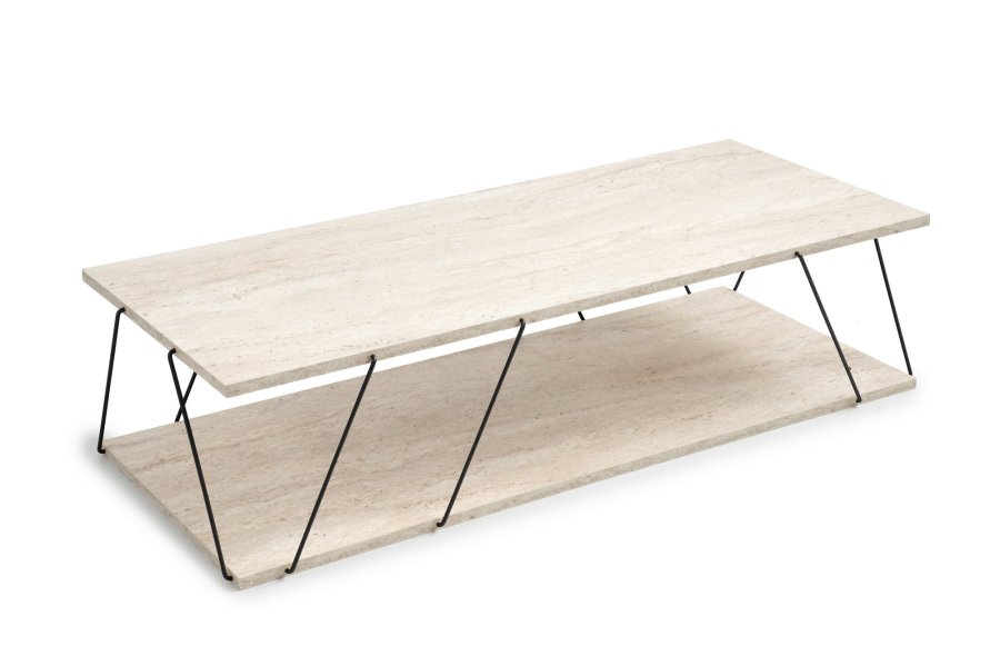 NORDVÄRK Labranda sofabord, m. bundhylde - travertin melamin og sort metal (120x50)