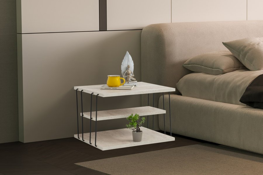 NORDVÄRK Lifon sidebord, m. 2 hylder, rektangulr - travertin melamin og sort metal (50x40)