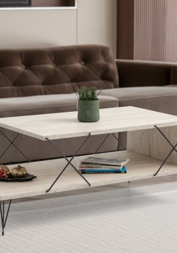 NORDVÄRK Loire sofabord, m. 1 hylde - travertin melamin og sort metal (100x50)