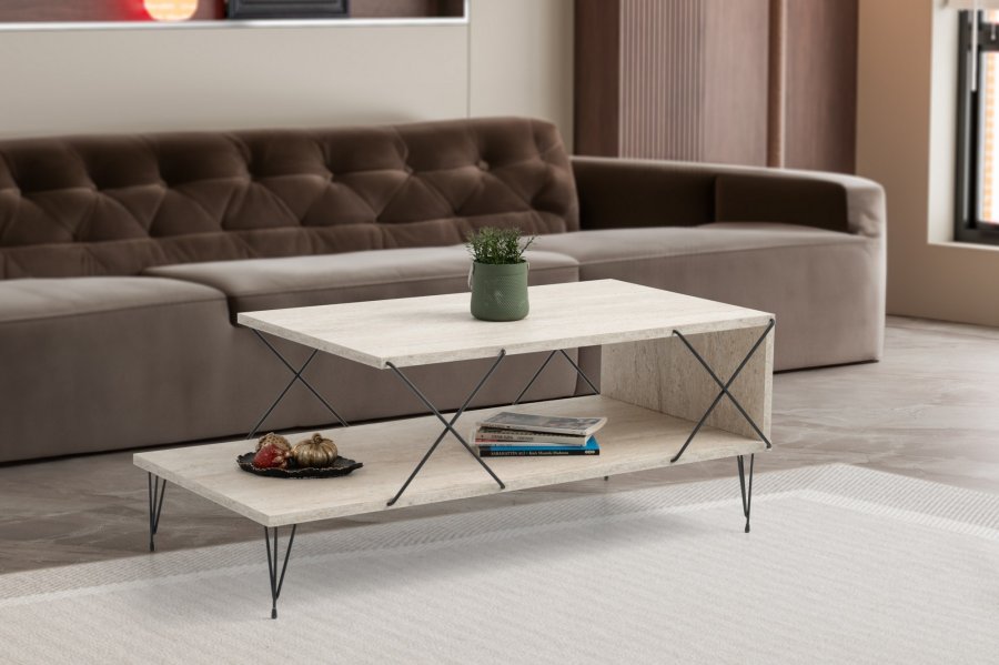 NORDVÄRK Loire sofabord, m. 1 hylde - travertin melamin og sort metal (100x50)