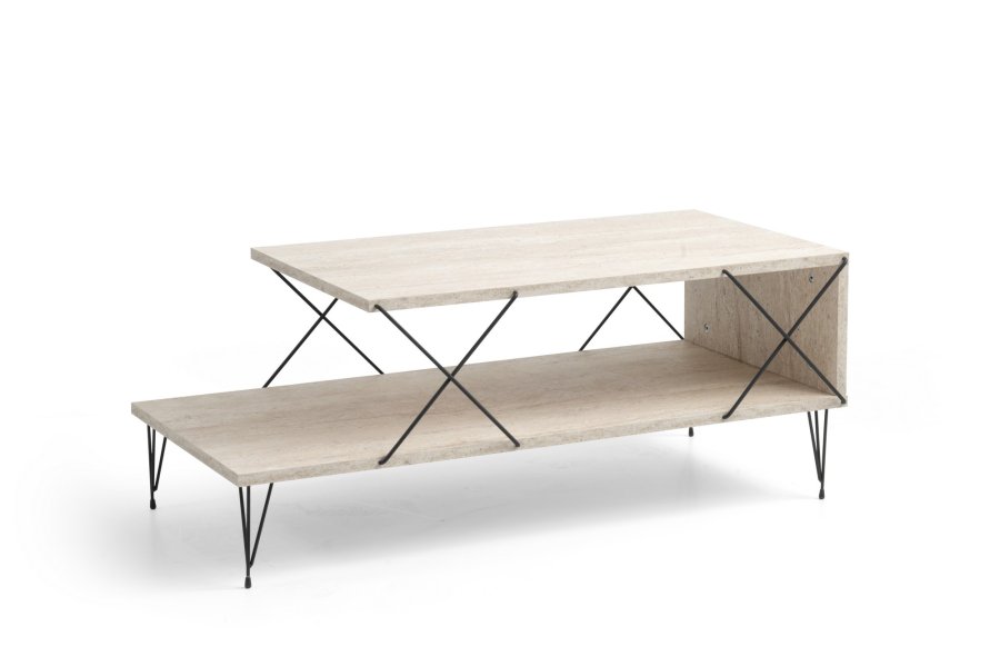 NORDVÄRK Loire sofabord, m. 1 hylde - travertin melamin og sort metal (100x50)