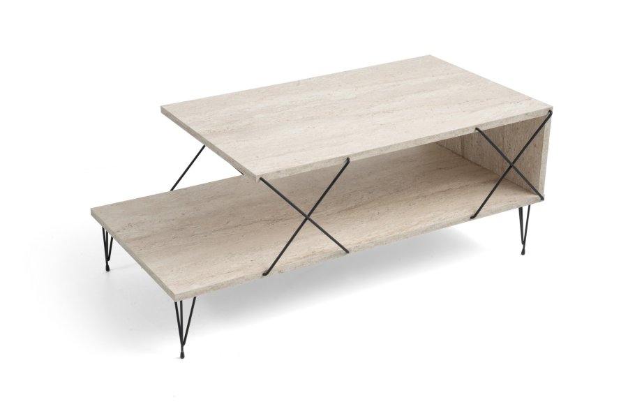 NORDVÄRK Loire sofabord, m. 1 hylde - travertin melamin og sort metal (100x50)