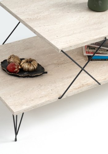 NORDVÄRK Loire sofabord, m. 1 hylde - travertin melamin og sort metal (100x50)