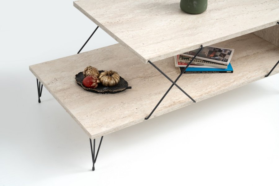 NORDVÄRK Loire sofabord, m. 1 hylde - travertin melamin og sort metal (100x50)