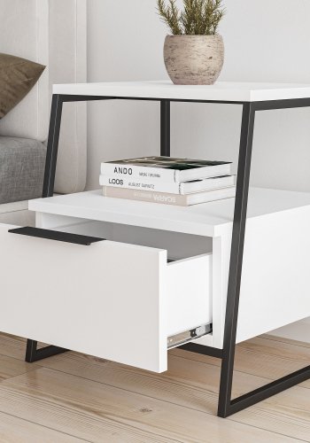 FUNZI LIVING Pal sengebord, m. 1 rum og 1 skuffe - hvid melamin og sort metal (45x41)