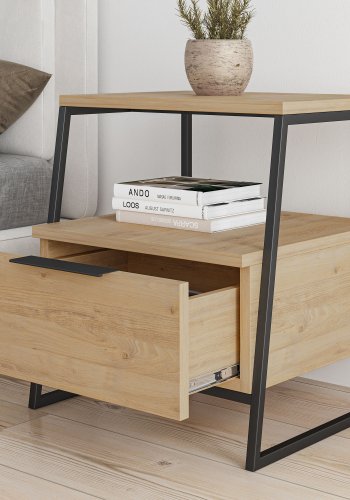 FUNZI LIVING Pal sengebord, m. 1 rum og 1 skuffe - eg melamin og sort metal (45x41)