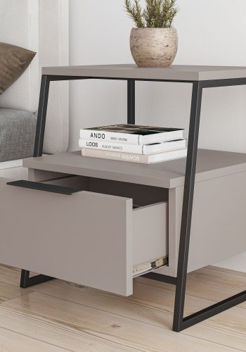 FUNZI LIVING Pal sengebord, m. 1 rum og 1 skuffe - lys mokka melamin og sort metal (45x41)