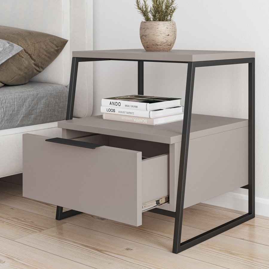 FUNZI LIVING Pal sengebord, m. 1 rum og 1 skuffe - lys mokka melamin og sort metal (45x41)