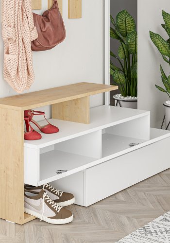 FUNZI LIVING Ramda entréopstilling, m. spejl, 4 kroge, hylder - hvid og eg melamin