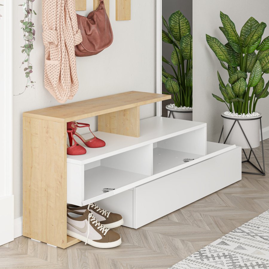 FUNZI LIVING Ramda entréopstilling, m. spejl, 4 kroge, hylder - hvid og eg melamin