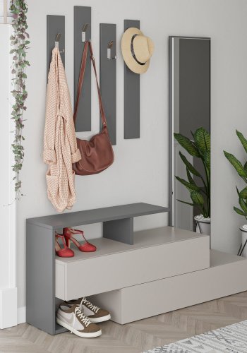 FUNZI LIVING Ramda entréopstilling, m. spejl, 4 kroge, hylder - lys mokka og antracitgr melamin