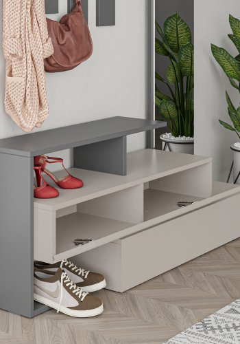 FUNZI LIVING Ramda entréopstilling, m. spejl, 4 kroge, hylder - lys mokka og antracitgr melamin