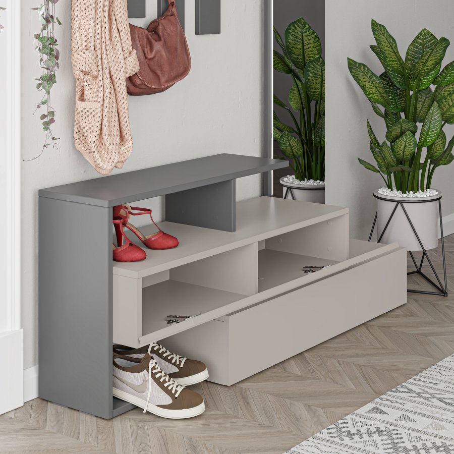 FUNZI LIVING Ramda entréopstilling, m. spejl, 4 kroge, hylder - lys mokka og antracitgr melamin