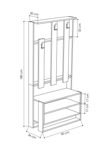 FUNZI LIVING Chester entrést, m. 3 knager og 2 hylder - hvid melamin
