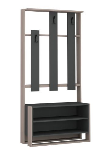 FUNZI LIVING Chester entrést, m. 3 knager og 2 hylder - lys mokka og antracitgr melamin