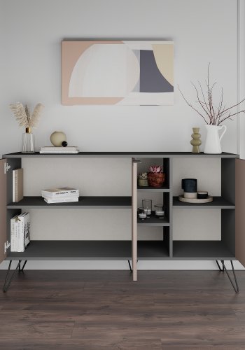 NORDVÄRK Clara konsolbord, m. 3 lger, 4 hylder - antracitgr/lys mokka melamin og metal (142x35,6)