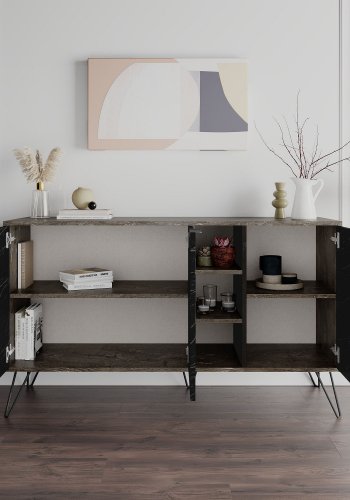 NORDVÄRK Clara konsolbord, m. 3 lger, 4 hylder - mrkebrun/Bendir melamin (142x35,6)