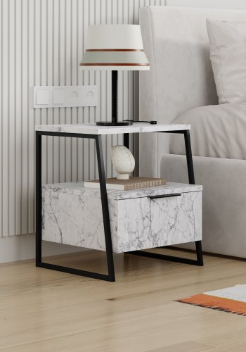 FUNZI LIVING Pal sengebord, m. 1 rum og 1 lge - Carrara marmor melamin og sort metal (45x40)