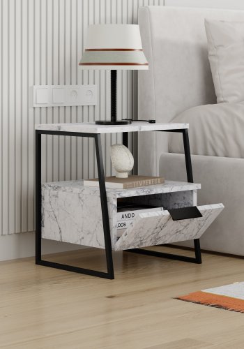 FUNZI LIVING Pal sengebord, m. 1 rum og 1 lge - Carrara marmor melamin og sort metal (45x40)