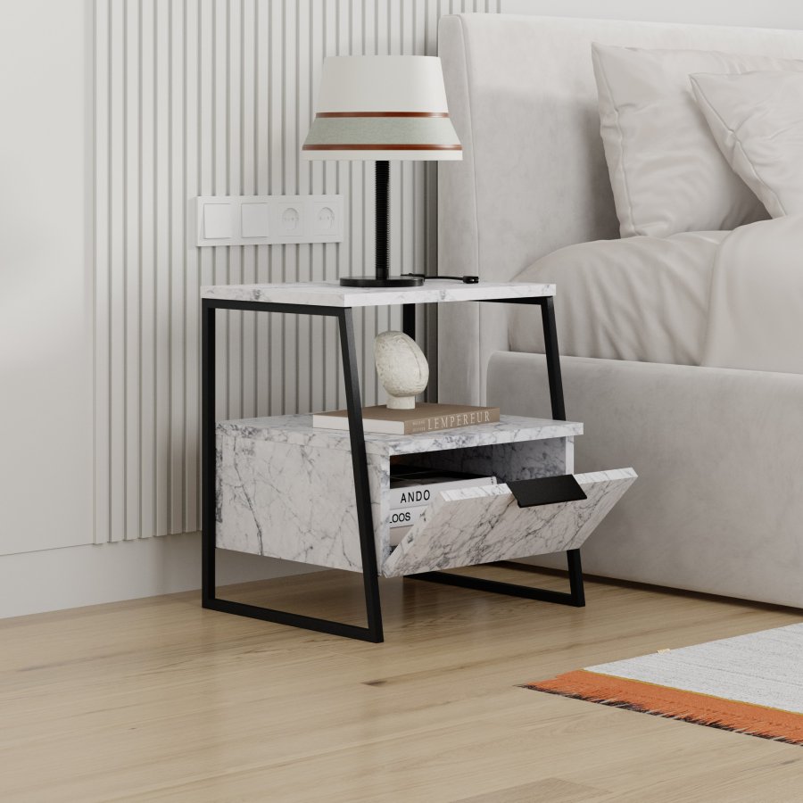 FUNZI LIVING Pal sengebord, m. 1 rum og 1 lge - Carrara marmor melamin og sort metal (45x40)