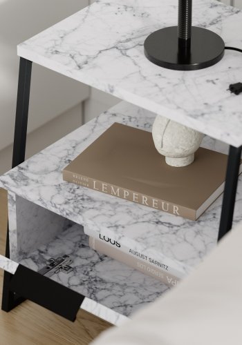 FUNZI LIVING Pal sengebord, m. 1 rum og 1 lge - Carrara marmor melamin og sort metal (45x40)