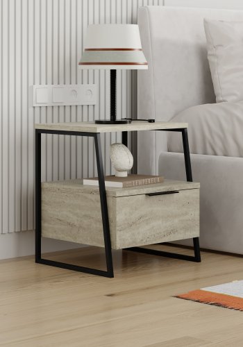 FUNZI LIVING Pal sengebord, m. 1 rum og 1 lge - travertin melamin og sort metal (45x40)