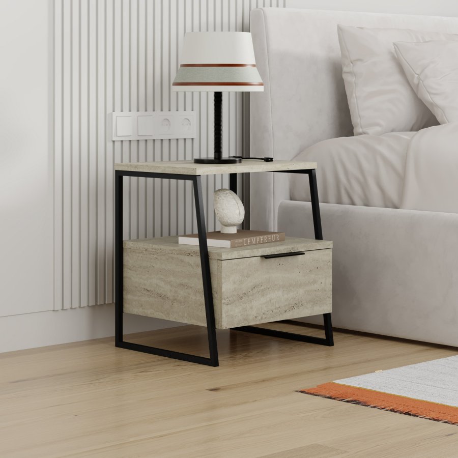 FUNZI LIVING Pal sengebord, m. 1 rum og 1 lge - travertin melamin og sort metal (45x40)