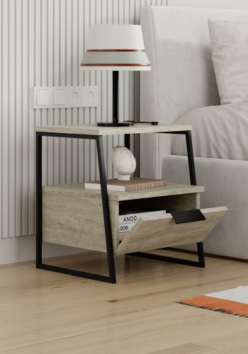 FUNZI LIVING Pal sengebord, m. 1 rum og 1 lge - travertin melamin og sort metal (45x40)