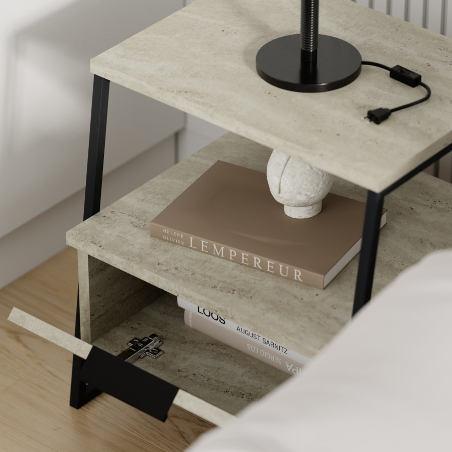 FUNZI LIVING Pal sengebord, m. 1 rum og 1 lge - travertin melamin og sort metal (45x40)