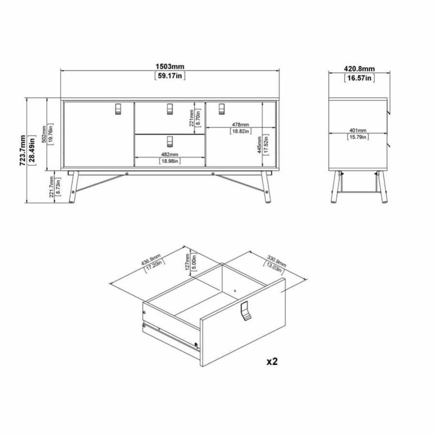 TVILUM Ry sknk, m. 2 lger og 2 skuffer - valnd/sort folie og tr (150,3x40,1)