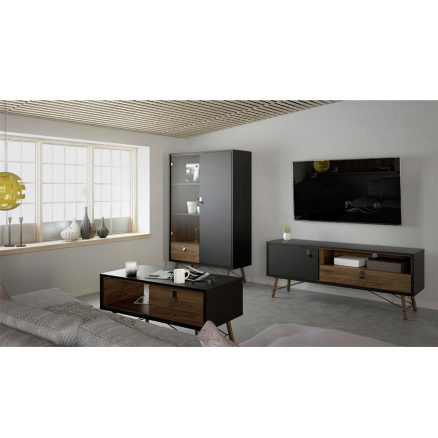 TVILUM Ry TV-bord, m. 1 lge og 1 skuffe - valnd/sort folie og tr (150,3x40,1)