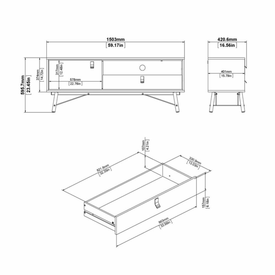 TVILUM Ry TV-bord, m. 1 lge og 1 skuffe - valnd/sort folie og tr (150,3x40,1)