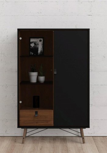 TVILUM Ry vitrineskab, m. 2 lger og 1 skuffe - glas, valnd/sort folie og tr