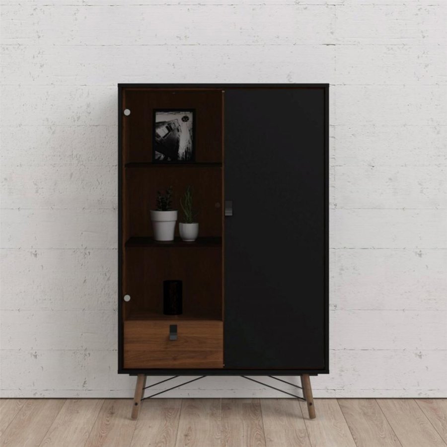 TVILUM Ry vitrineskab, m. 2 lger og 1 skuffe - glas, valnd/sort folie og tr