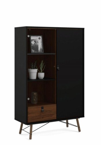 TVILUM Ry vitrineskab, m. 2 lger og 1 skuffe - glas, valnd/sort folie og tr