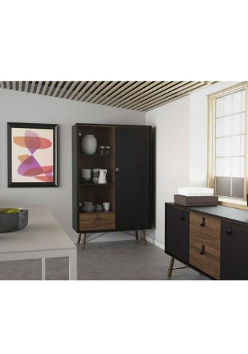 TVILUM Ry vitrineskab, m. 2 lger og 1 skuffe - glas, valnd/sort folie og tr