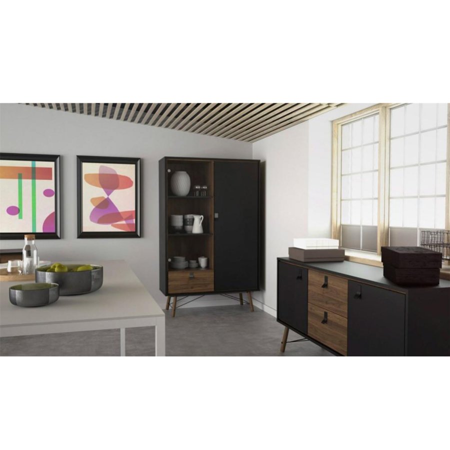 TVILUM Ry vitrineskab, m. 2 lger og 1 skuffe - glas, valnd/sort folie og tr