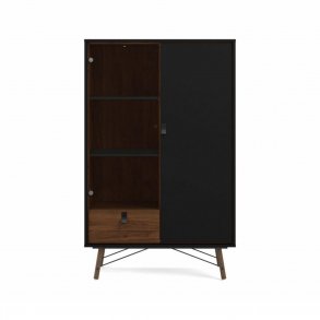 TVILUM Ry vitrineskab, m. 2 lger og 1 skuffe - glas, valnd/sort folie og tr