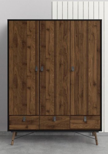 TVILUM Ry garderobeskab, m. 3 lger og 3 skuffer - valnd/sort folie og tr