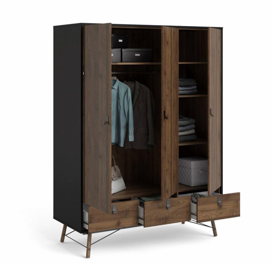 TVILUM Ry garderobeskab, m. 3 lger og 3 skuffer - valnd/sort folie og tr