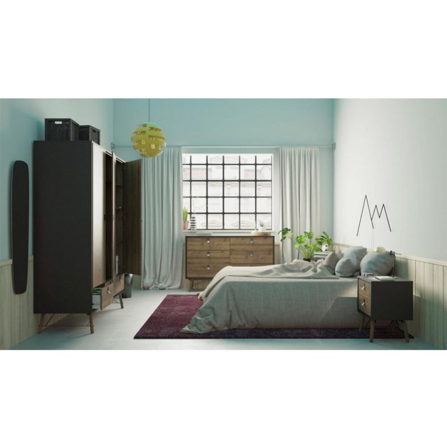 TVILUM Ry garderobeskab, m. 3 lger og 3 skuffer - valnd/sort folie og tr